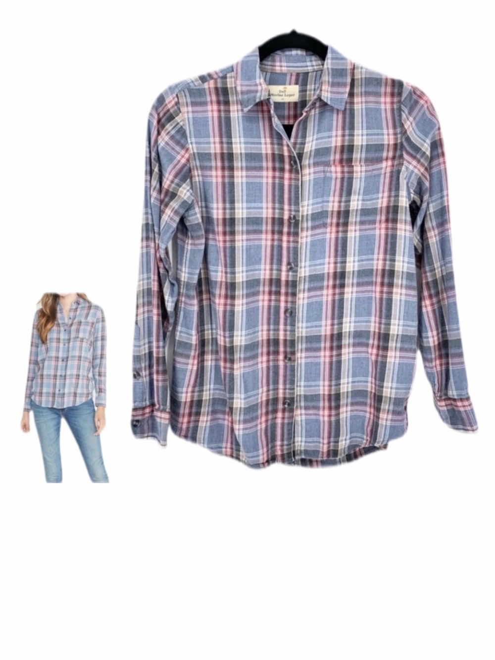 Marine Layer Marigold Blue Plaid Button Down Long Sleeve Top Shirt X-Small